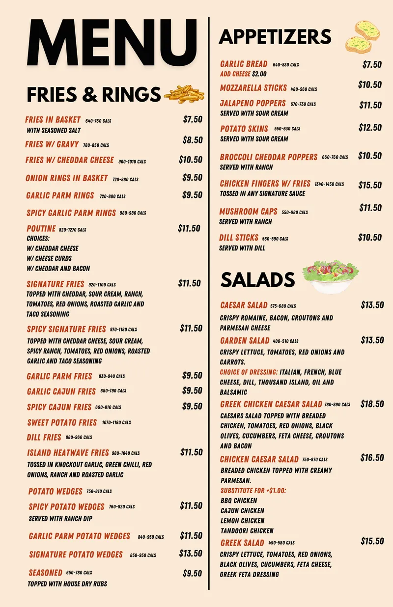 Sauce N Toss printed menu page 1: fries, onion rings, poutine, appetizers and salads with prices
