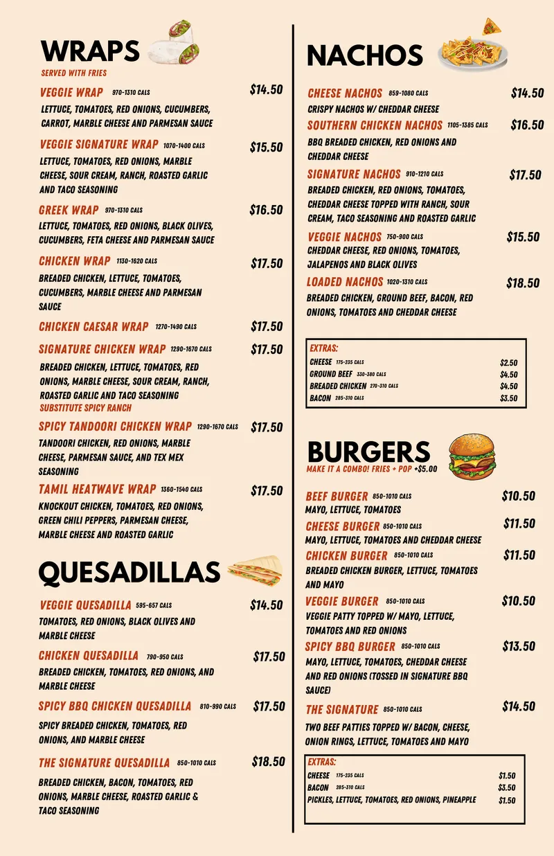 Sauce N Toss printed menu page 2: wraps, quesadillas, nachos and burgers with prices