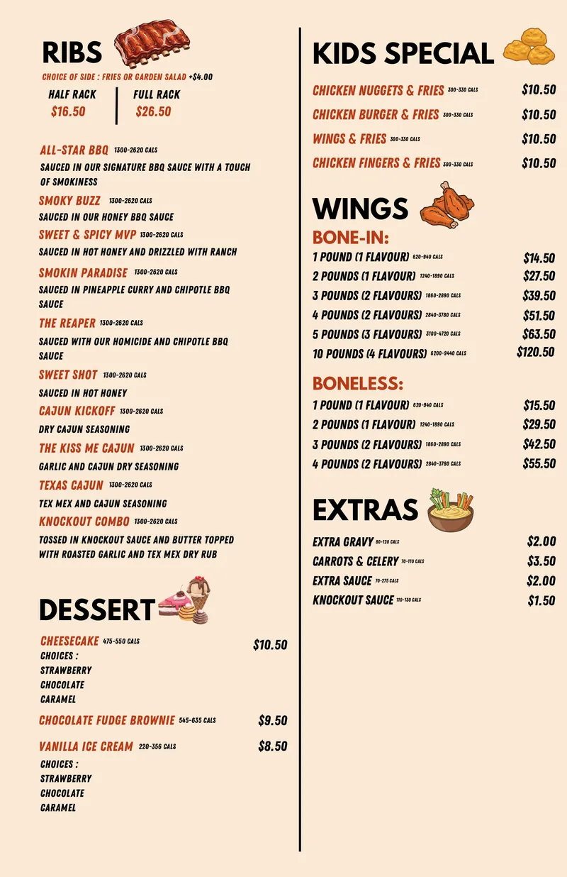 Sauce N Toss printed menu page 3: ribs, wing pricing, kids specials, extras and desserts